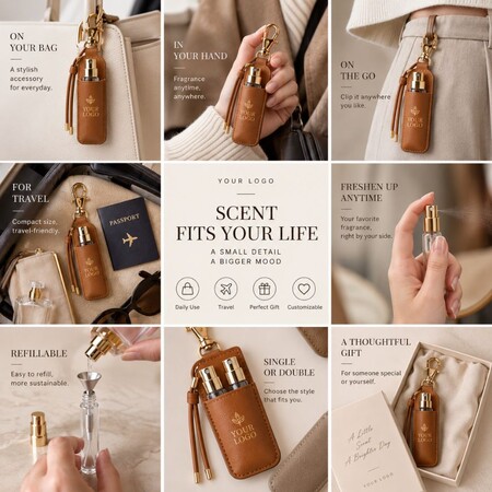 Lifestyle application of refillable travel perfume holder keychain clipped to bag, hand, and passport.