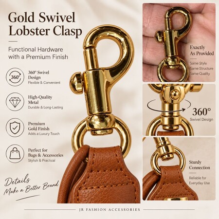 Close-up of premium 360-degree gold swivel lobster clasp hardware for custom leather keychain accessories.
