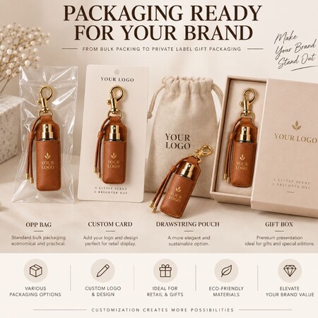 B2B custom packaging solutions for perfume keychains including OPP bag, backer card, pouch, and gift box.