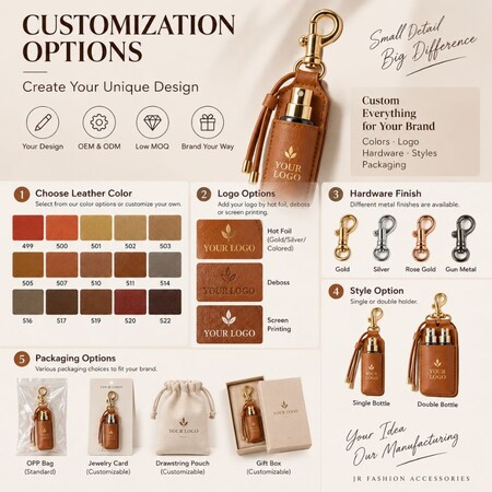 Comprehensive OEM ODM customization options for leather travel perfume keychains including logo, color, and hardware.