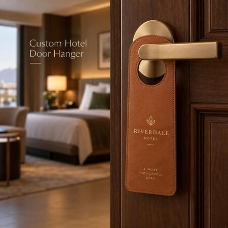 Custom Hotel Room Door Hanger Manufacturer - Custom brown leather hotel door hanger with engraved logo on a room door handle, wholesale hospitality supplies.