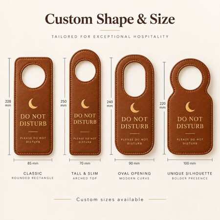 Custom leather hotel door hanger shapes and dimension specs, manufactured for hospitality supply projects.