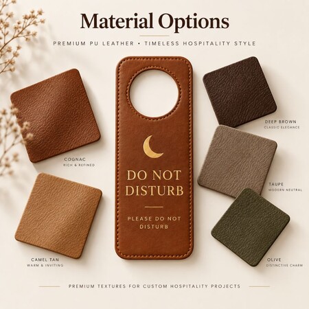 Brown PU leather hotel door hanger with textured material swatches for custom hospitality branding.