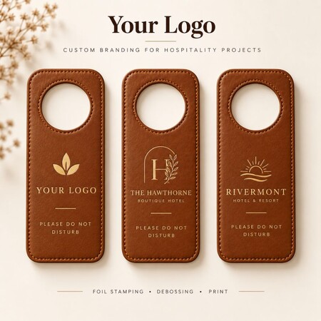Custom debossed and foil stamped logo leather hotel door hangers, wholesale boutique hotel supplies.