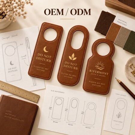 OEM ODM custom leather hotel door hanger design sketches, material swatches, and size specifications.