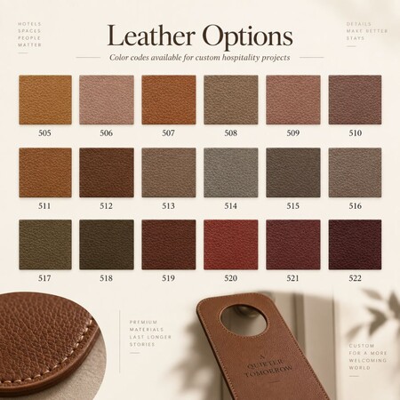 Color swatch chart for custom PU leather hotel room door hangers, bulk hospitality accessory manufacturing.