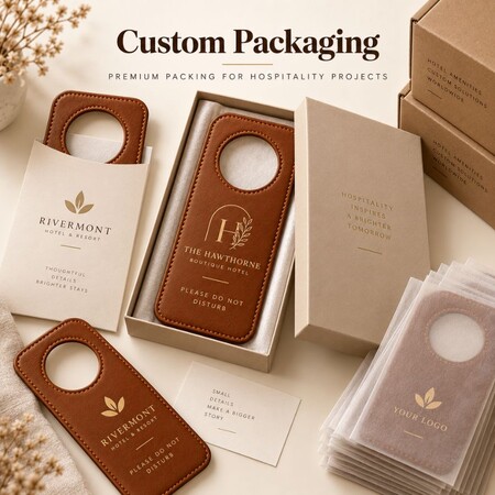 Custom packaged leather hotel door hangers in branded gift boxes and sleeves for hotel amenity orders.