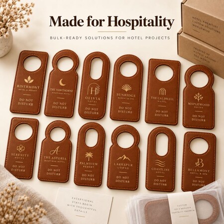 Assorted custom branded leather hotel door hangers arranged for bulk hospitality and resort projects.