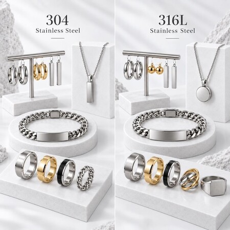 Comparison of 304 and 316L stainless steel jewelry sets for custom private label manufacturing.