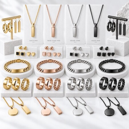 PVD coating color options for custom stainless steel jewelry, including gold, rose gold, silver, and black.