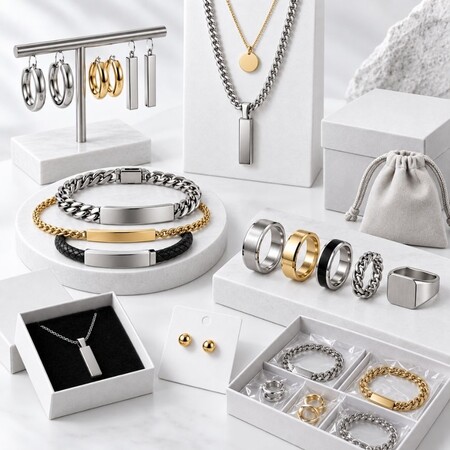Custom branded packaging solutions and bulk stainless steel jewelry display for wholesale orders.