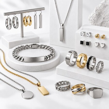 OEM stainless steel rings, necklaces, bracelets, and earrings collection for bulk private label brands.