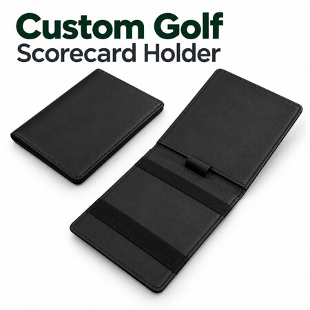 Custom Golf Scorecard Holder Manufacturer - Custom black leather golf scorecard holder with elastic bands, designed for corporate golf tournament gifts wholesale.