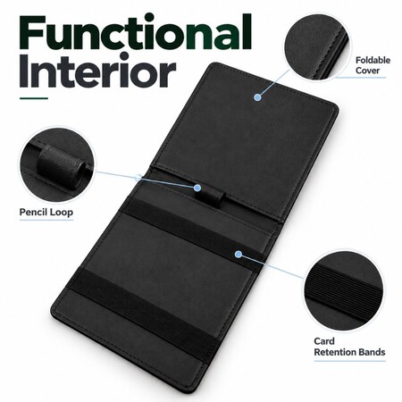 Interior view of a custom leather golf scorecard holder featuring pencil loop and card retention bands for wholesale sourcing.