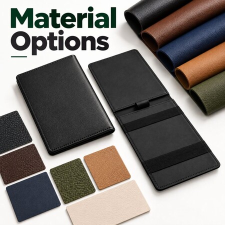 Various material and color options for custom leather golf scorecard holders tailored for promotional merchandise buyers.