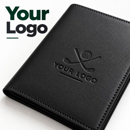 Custom debossed logo on a premium leather golf scorecard holder, ideal for personalized corporate golf gifts.