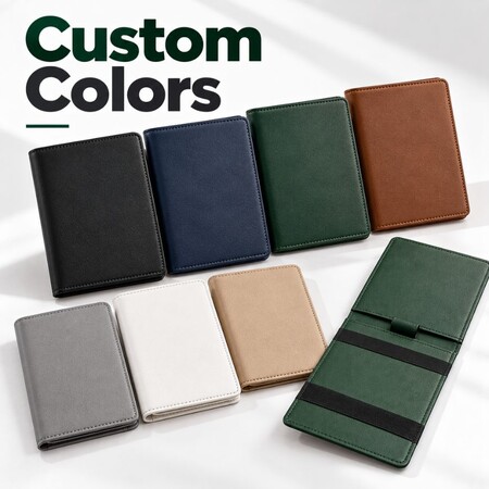 Assorted custom color options for wholesale leather golf scorecard holders and accessories.