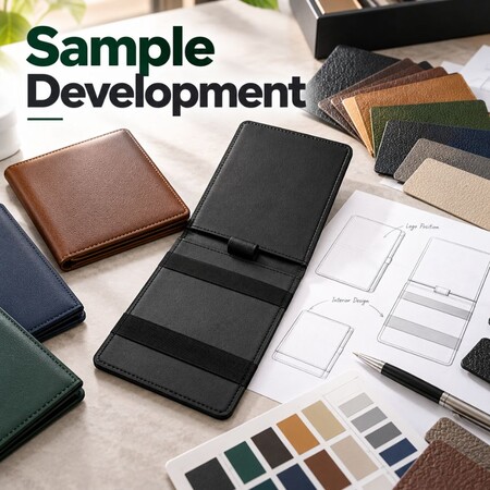 Sample development process showing leather swatches, sketches, and custom golf scorecard holder prototypes for B2B buyers.