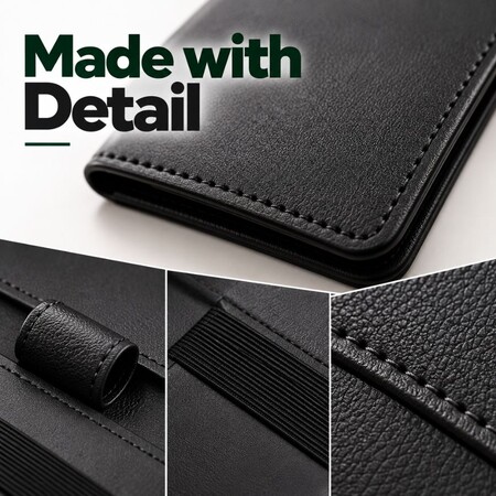 Close-up view of precision stitching and edge finishing on a custom leather golf scorecard holder.