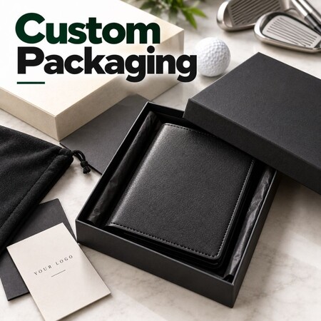 Luxury custom gift box packaging for wholesale leather golf scorecard holders and promotional items.