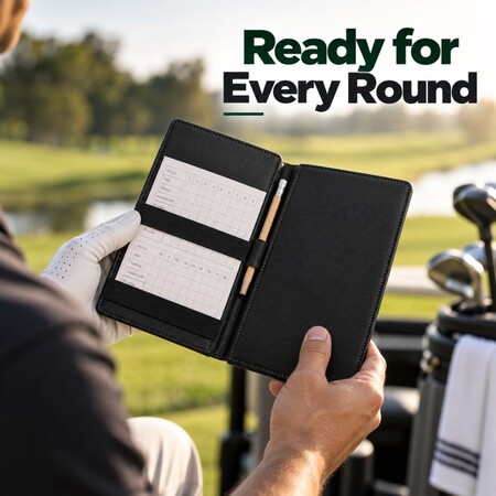 Golfer holding a custom black leather scorecard holder on the course, showcasing practical B2B tournament merchandise.