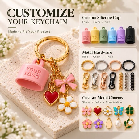 Customizable silicone cap, metal hardware finishes, and charms for private label keychain manufacturing.