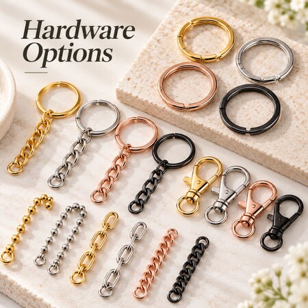 Custom keychain hardware options including split rings, snap hooks, and link chains in various platings.
