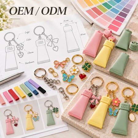 OEM ODM silicone keychain manufacturing with design drafts, Pantone swatches, and product samples.