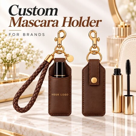Custom Mascara Holder for Brands - Custom leather mascara holder keychain with woven wrist strap and gold hardware for cosmetics brand wholesale.