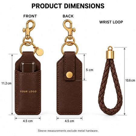Product dimensions of custom leather cosmetic sleeve keychain and braided wrist loop for OEM manufacturing.