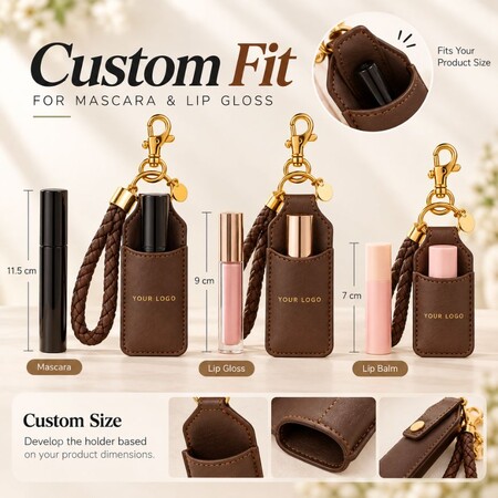 Custom fit leather holder cases tailored for mascara, lip gloss, and lip balm sizes in wholesale production.