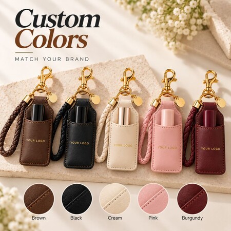 Custom color options of leather mascara holder keychains in brown, black, cream, pink, and burgundy wholesale.