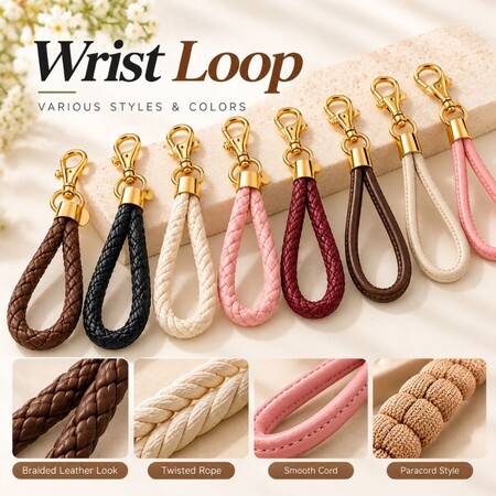 Various wrist loop styles and materials for cosmetic keychain holders including braided leather and cord.