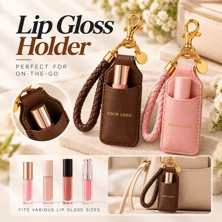 Portable leather lip gloss holder keychains fitted for multiple cosmetic tube sizes, ideal for brands.