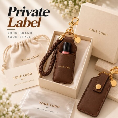 Private label leather mascara holder keychain set with branded packaging box, pouch, and logo card.