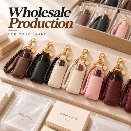 Wholesale production of custom leather mascara holders with branded packaging supplies for beauty lines.