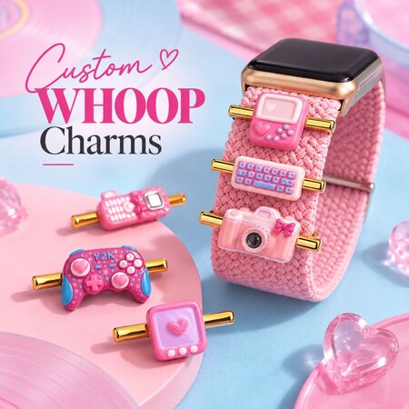 Charm WHOOP personalizzati per cinturini da orologio personalizzati - Charm personalizzati a tema tecnologico Y2K su cinturino per smartwatch intrecciato rosa, accessori indossabili decorativi OEM.