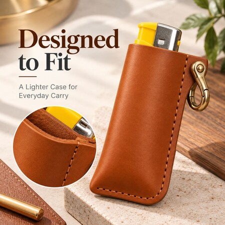 Precision-fit leather lighter sleeve showing snug opening for everyday carry.