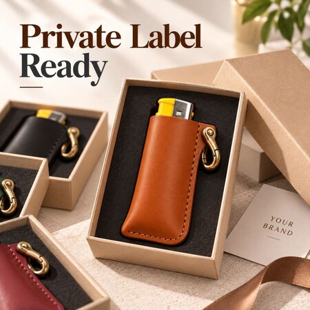 Private label leather lighter cases in custom gift packaging for B2B branding.
