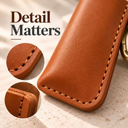 Close-up of premium edge painting and reinforced stitching on leather sleeve.