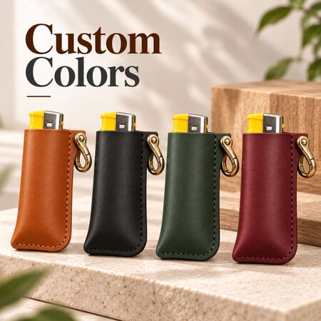 Custom colored leather lighter cases with key clips for wholesale orders.