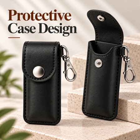 Protective leather vape case showing open and closed flap designs with snap button fasteners.