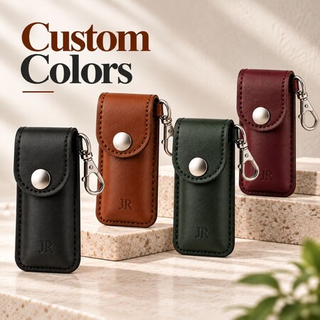 Custom colored leather vape cases in black, tan, green, and burgundy for B2B wholesale orders.