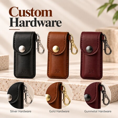 Leather vape cases showcasing custom hardware finishes in silver, gold, and gunmetal clips.