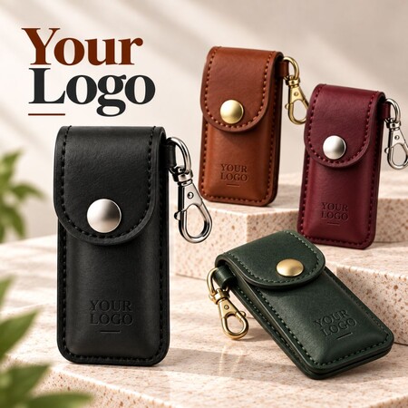 Private label leather vape cases with embossed logo mockup and snap clips in assorted colors.