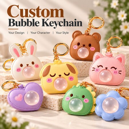 Custom cute animal bubble keychains in various shapes and colors for wholesale novelty accessories and OEM branding.