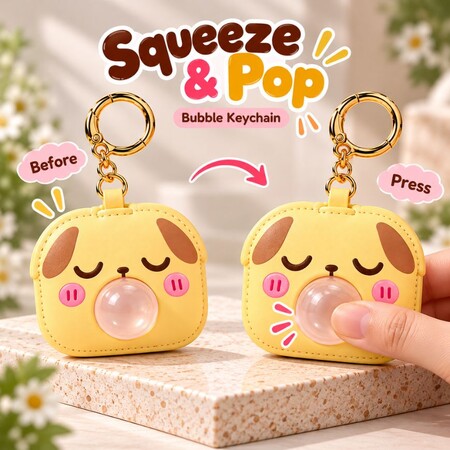 Demonstration of squeeze-and-pop bubble keychain mechanism, featuring stress-relief promotional gifts wholesale.