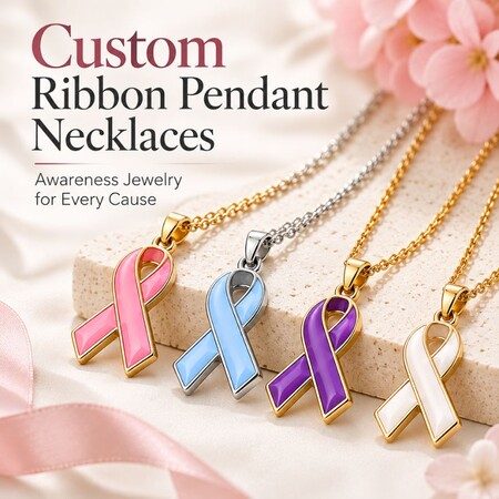 Collana personalizzata con pendente a nastro per sensibilizzazione e raccolta fondi - Collane personalizzate con pendente a nastro in smalto rosa, blu, viola e bianco per campagne di sensibilizzazione all’ingrosso.