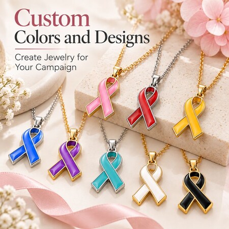 Assorted colorful ribbon charm necklaces on stone display for custom non-profit awareness merchandise.