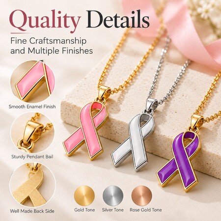 Ribbon pendant necklace craftsmanship with enamel finish, sturdy bail, and multi-tone metal options.